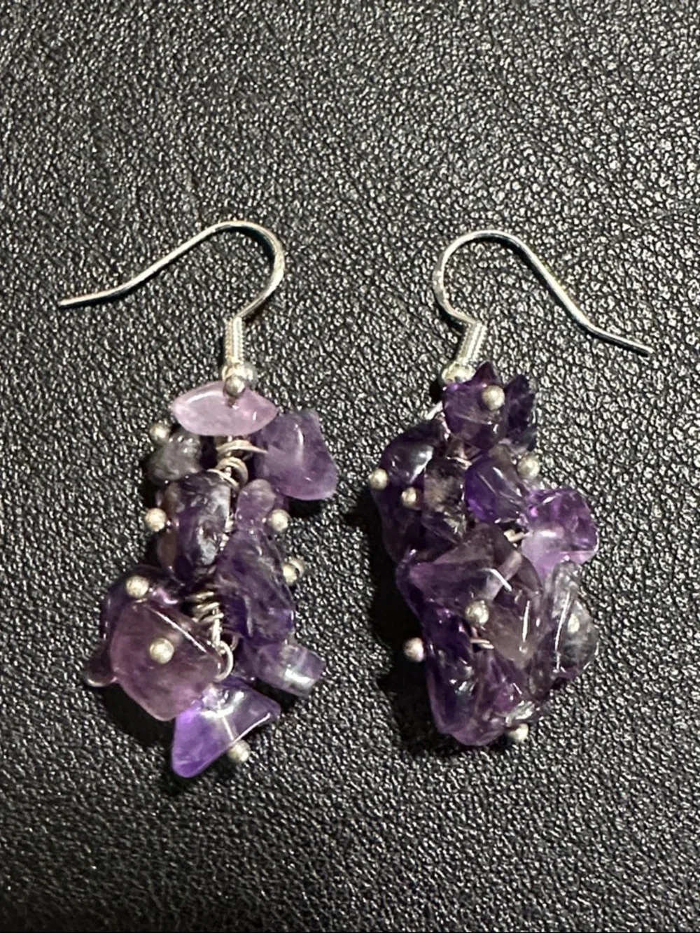 Polished Purple Amethyst Chip Cluster Drop Earrings 925 Wire Back